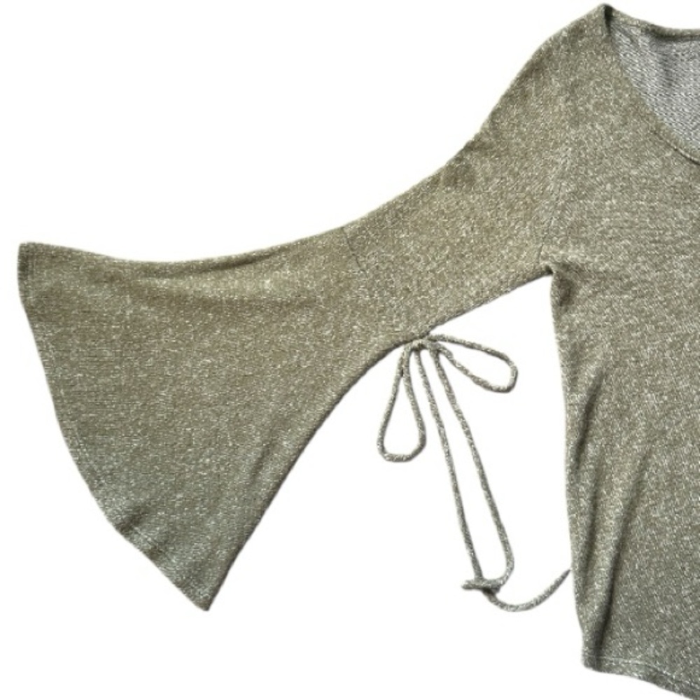 Mod Black Label Green Knit Sweater V-Neck Bell Sleeves accent side string ties - Picture 4 of 9